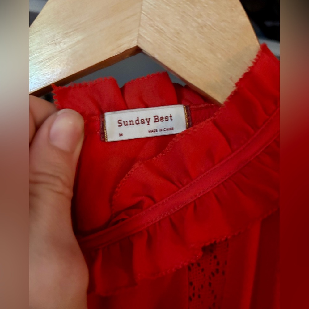 Anthropologie Sunday Best Chiffon Eyelet Dress in Poppy Red - Size Medium - Picture 5 of 9